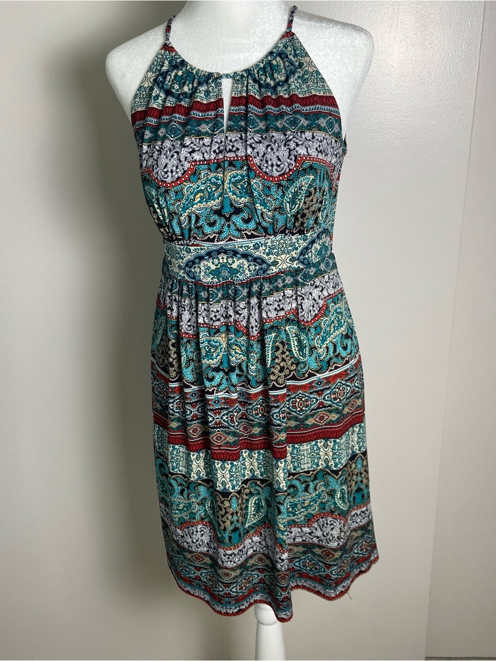 Enfocus Studio Teal and Red Paisley Halter Mini Y2K Dress